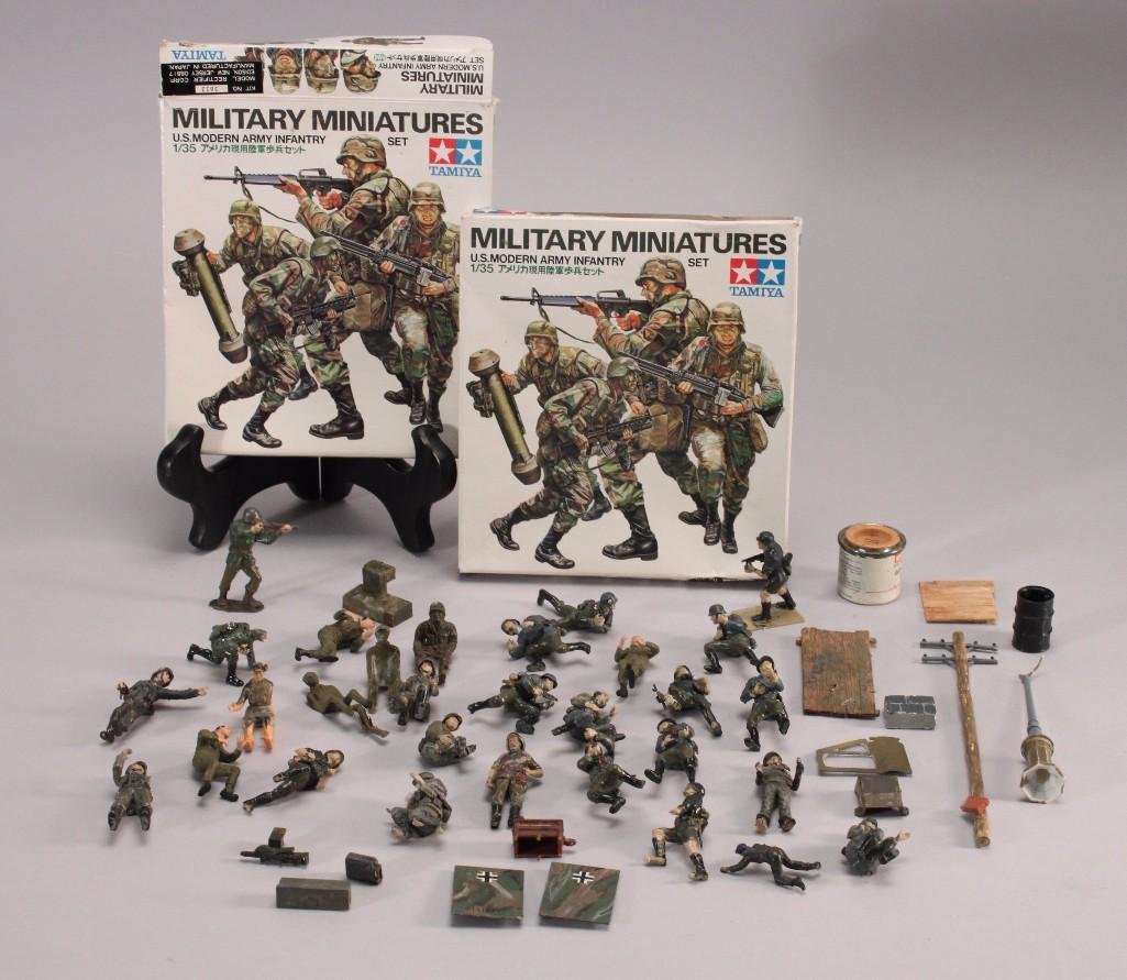 Built-It-Yourself Military Toy Soldiers: Tamiya Military Miniatures 1/35 scale soldier kits (assembly required) one box with contents and one box empty, and 1"to 2" reassembled soldiers.