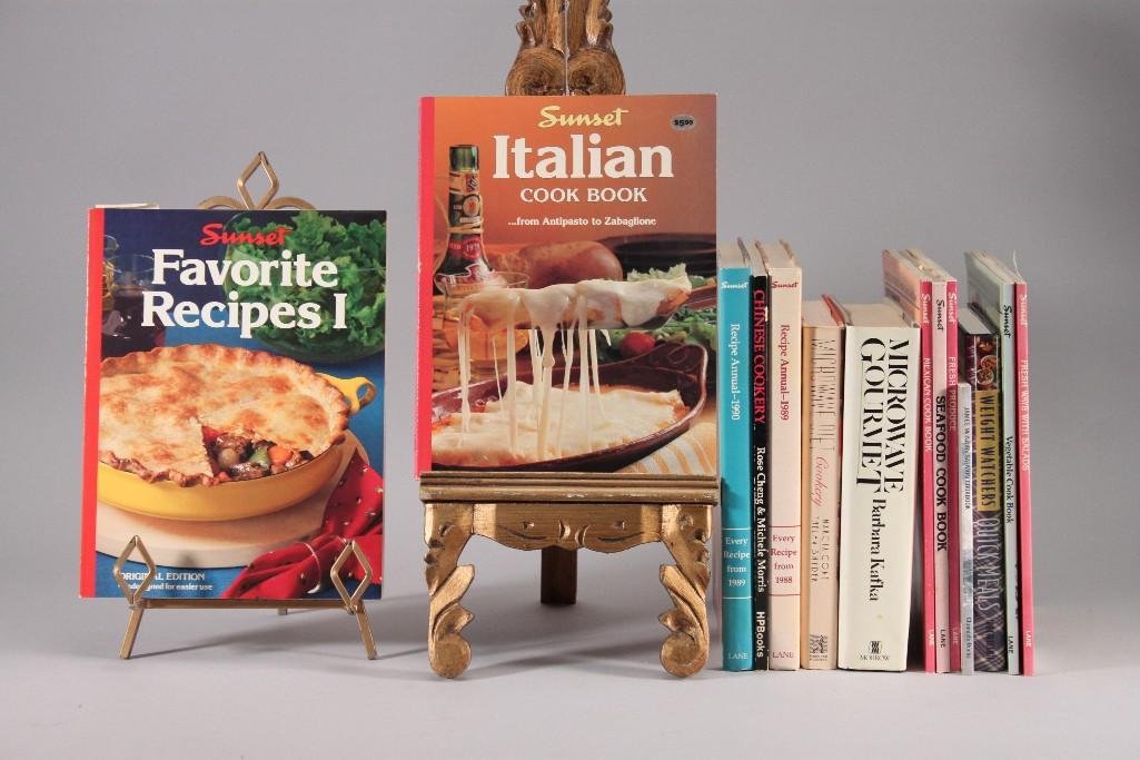 Vintage Cookbooks (14): Titles include 1987 MicrowaveGourmet, 1987 Sunset Fresh Produce A to Z, 1987 Salmon Cookbook, 1988 Microwave Diet, and more. Books are in good pre-owned condition.