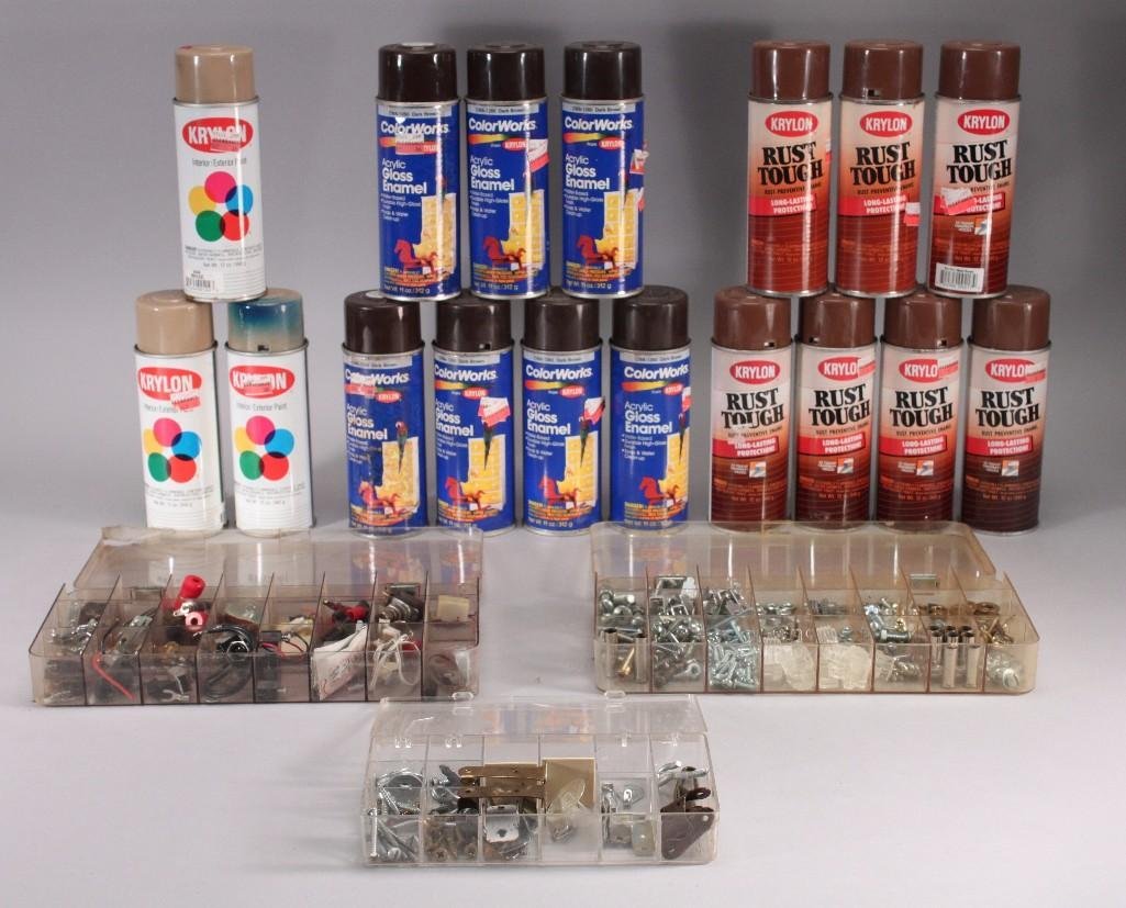 Acrylic Gloss Enamel & Hardware: SPRAY PAINT, RUST TOUGH, &ENAMEL CAN NOT BE SHIPPED. Color Works from Krylonacrylic gloss enamel (dark brown), KrylonRust Tough rust preventive enamel, plastic compartment boxes full of screws.