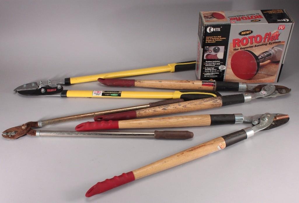 Tools (5): Roto Flex sanding system and four pairs of hedge clippers. Items are in good condition.