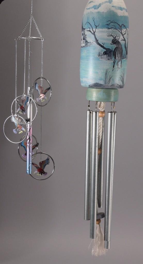 Wind Chimes (2): 35" water and deer scene windchime and a 22" multi colored eagle design wind chime. Items are in good pre-owned condition.