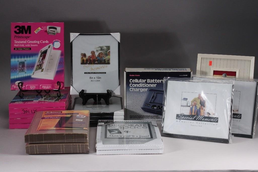 Office Supplies: Six 3M Printscape personalized gift bag kits, Sweet Memories 8" x 10" picture frames, Fellowespre punched presentation covers, Radio Shack cellularbattery conditioner/charger,and more. Items are in go