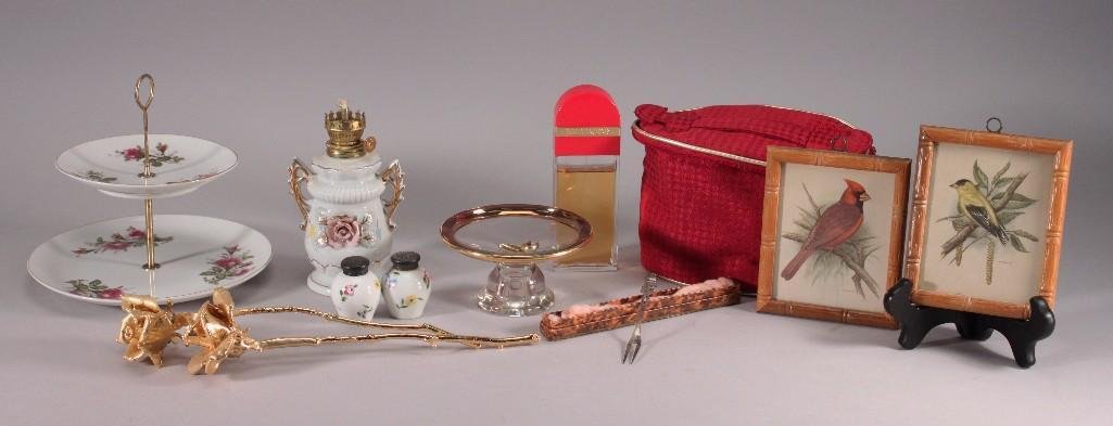 Ladies Accessories and Collectibles: 6.5" tall floral lantern, 3.3oz bottle of Red Door perfume, gold tone earrings (missing earring backs), 2" tall floral design salt and pepper shaker, burgundy cosmetic bag, framed artwork, and more.