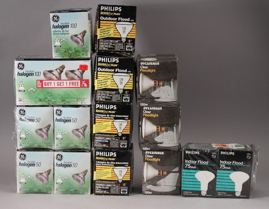 Floodlight Bulbs (12+): Sylvania 150W clear floodlight bulbs, GE Halogen 50 floodlight bulbs, and Phillips Silver Line Plus 120W bulbs.