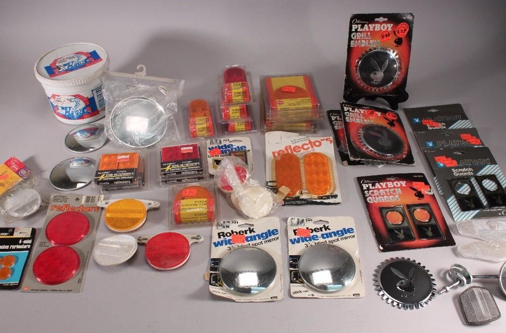 Reflectors & Misc. Items: Blazer stick on reflectors, self adhesive reflectors, Roberkwide angle blind spot mirror, 1985 Playboy scratch guards, Wet-Plug, and more.