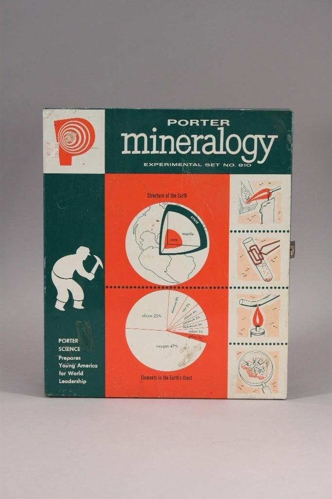 Vintage Porter Mineralogy Set: Set looks to be missing a couple items, model no 810, set includes minerals, mineral list, tine container, test paper, charcoal block, hard wax candle, sodium carbonate, and more.