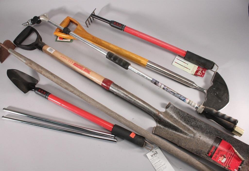 Garden Tools & Mat Material: Shovels (various sizes), rake, Bond telescopic trowel, roll of rubber like mat material, and more.