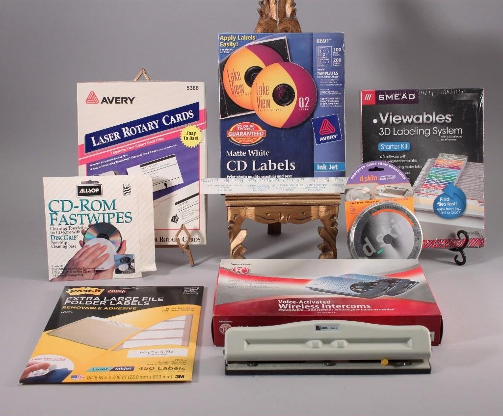 Office Supplies: Radio Shack voice activated intercoms NIB, disc protectors, 3 hole punch, Avery Laser Rotary Cards, matte white CD Labels, and more.