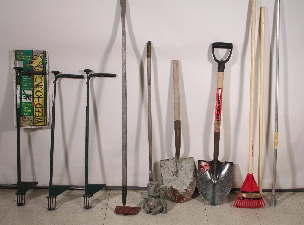 Garden Supplies: Elephant yard art measures 8" tall, The Weed Hound, water wand, shovels, hoes, plastic rake, and more. Items are in good pre-owned condition.