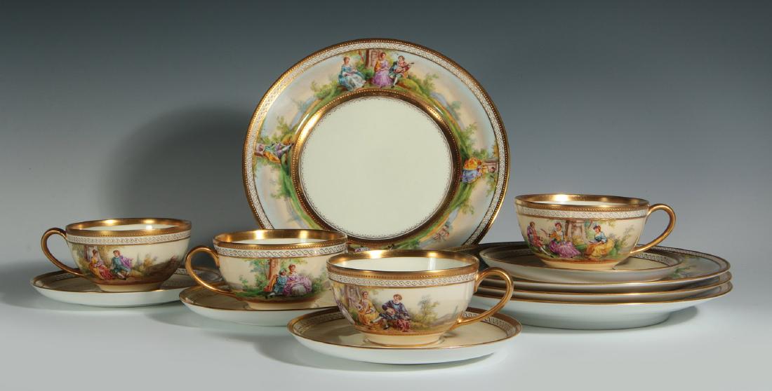 A FINE DETAIL C. 1920 DRESDEN PAINTED PORCELAIN SERVICE: High quality decoration hand painted, no areas of transfer or decal. Included are four plates measure 8.5 inches, four cups 2 x 4.5 inches, and four saucers 5.75 inches. We happily provide seamless in