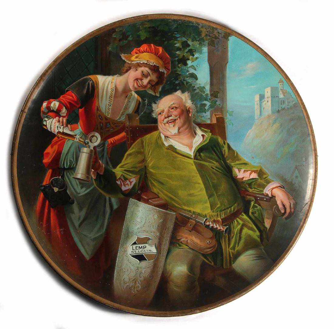 A LARGE PRE-PROHIBITION LEMP BEER TIN LITH CHARGER: A nice colorful example picturing Falstaff being attended to by a maiden pouring a Falstaff beer into his stein with Lemp Brewing advertising. Measures 24 inches. We happily provide seamless in-house 