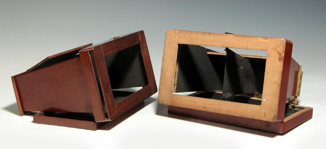 TWO 19TH C. FOLDING BREWSTER TYPE STEREOVIEWERS: Two models that fold flat and are contained in small mahogany boxes with hinged lid. Measure 6 x 5 x 7 inches each. We happily provide seamless in-house packing and shipping services on nearly everyth