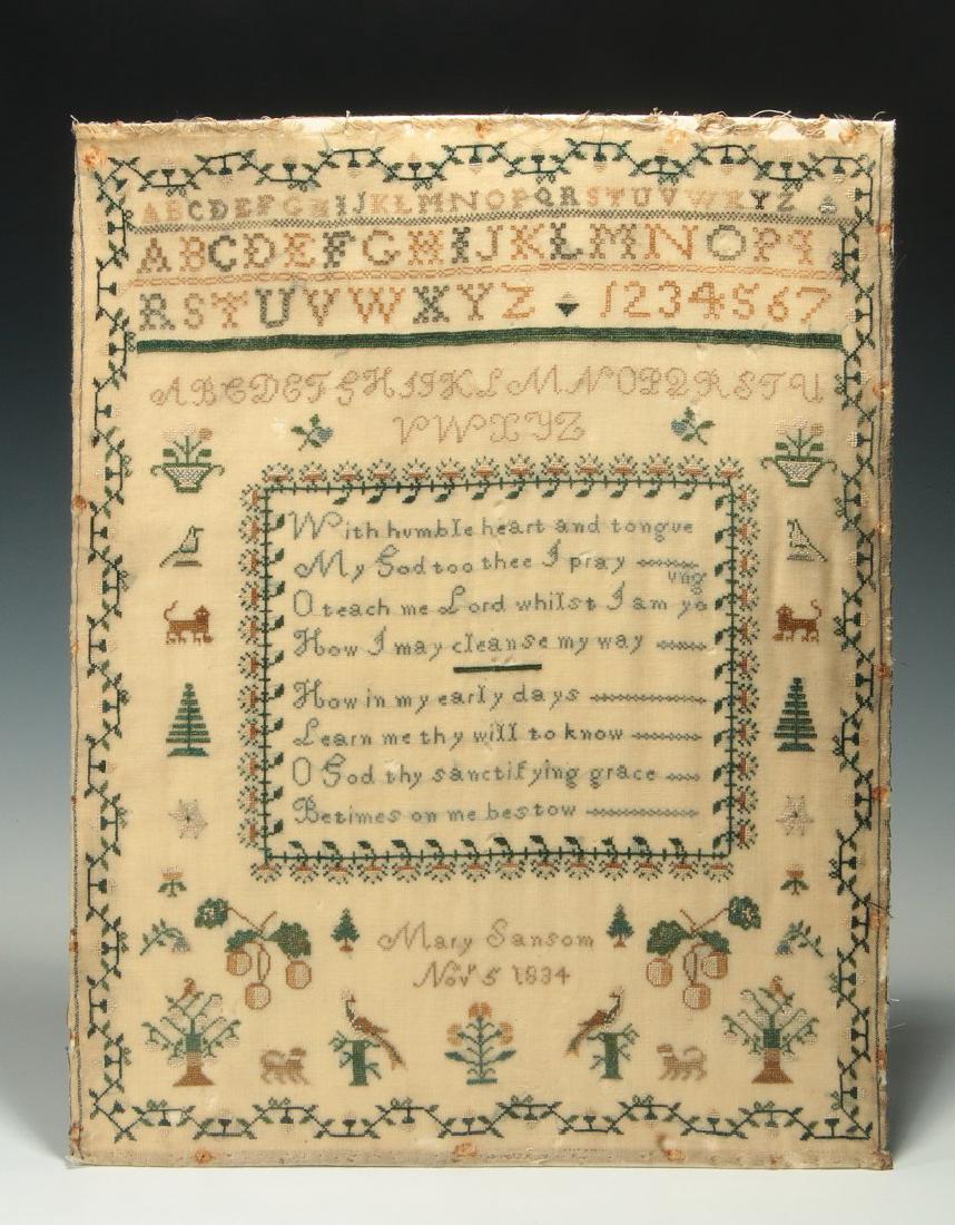 A SCHOOLGIRL CROSS STITCH SAMPLER DATED 1834: A nice cross stitch alphabet and pictorial sampler with central verse and a field of figural birds, plants, animals and related imagery, light colored silk threads on clean light colored linen. Measur