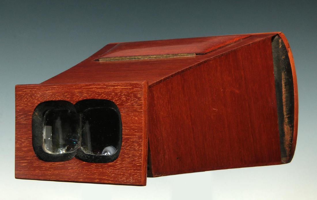 A LATE 19TH C. BREWSTER STYLE STEREOSCOPE VIEWER: With flat eye piece, brass hinge and fittings, intact lenses, mirror and frosted lens. Measures 7 x 7.5 x 4.25 inches. We happily provide seamless in-house packing and shipping services on nearly ever