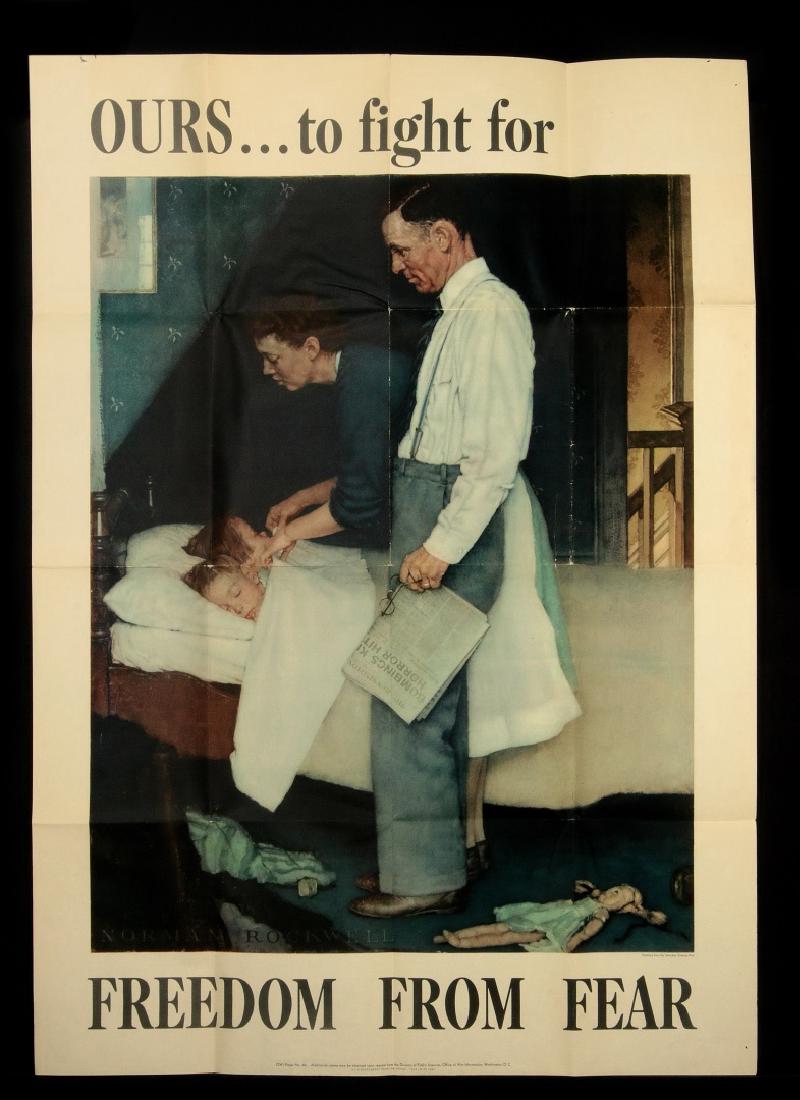 WWII WAR BOND POSTERS AFTER NORMAN ROCKWELL: Three original war bond posters from a set of four originally issued by the Office of War Information in 1943. The inspiration for each Painting by Rockwell stems from the tenets of Franklin D. Roosev
