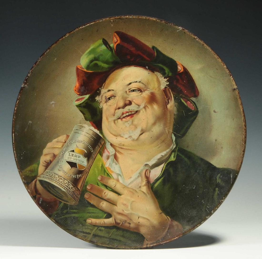 AN ORIGINAL TIN LITHO LEMP BEER FALSTAFF CHARGER: A large pre-prohibition era, convex tin litho charger depicting Falstaff hoisting a stein with Lemp Beer advertising. Measures 16 incehs. We happily provide seamless in-house packing and shipping serv
