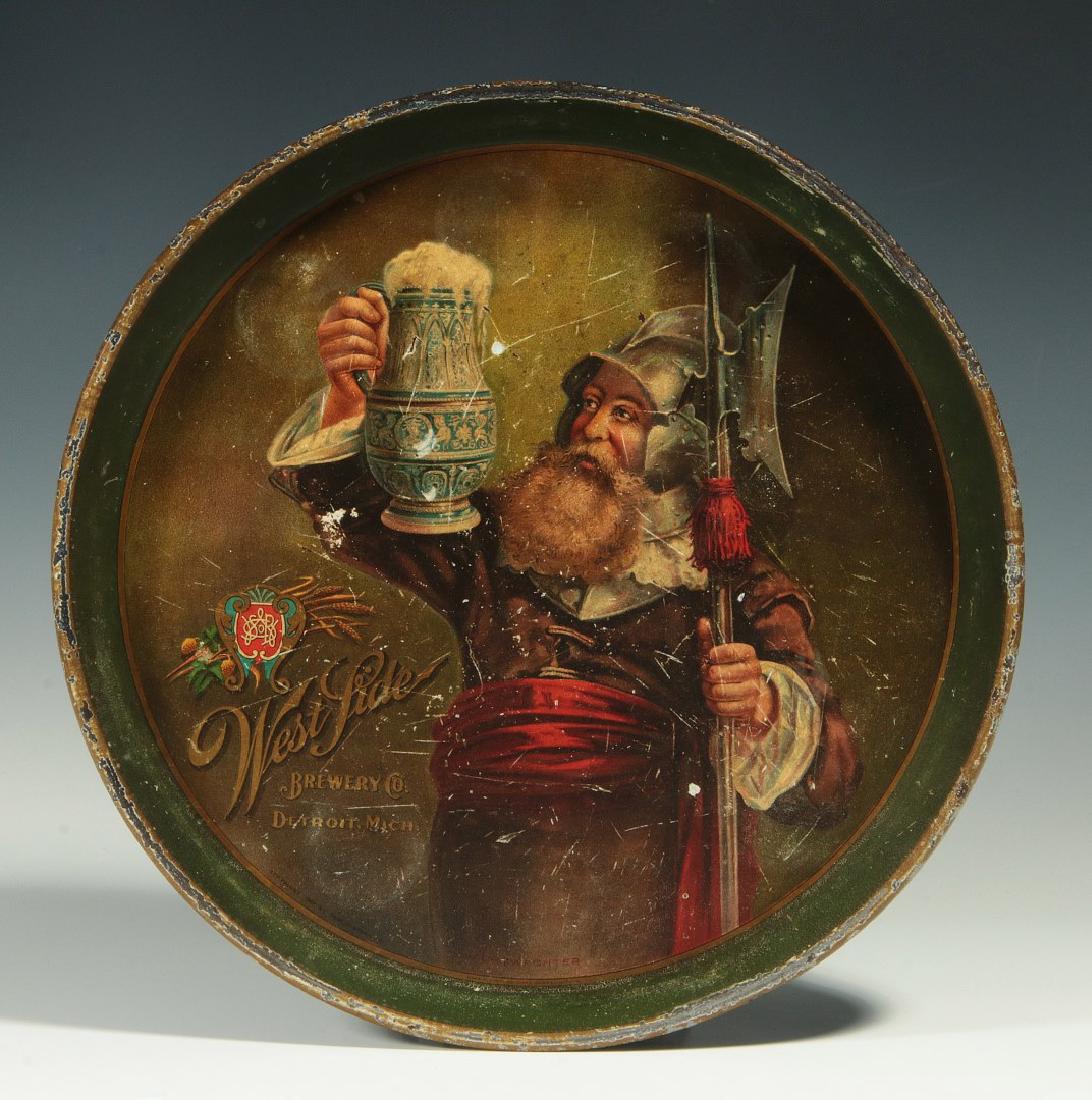 WEST SIDE BREWERY DETROIT PRE-PROHIBITION ADV TRAY: A circular tin litho tray picturing a soldier in armor holding aloft a stoneware stein, copyright 1907 Chas Smonk Co, titled Nachtwachter (night watcher). Measures 12 inches. We happily provide seamle