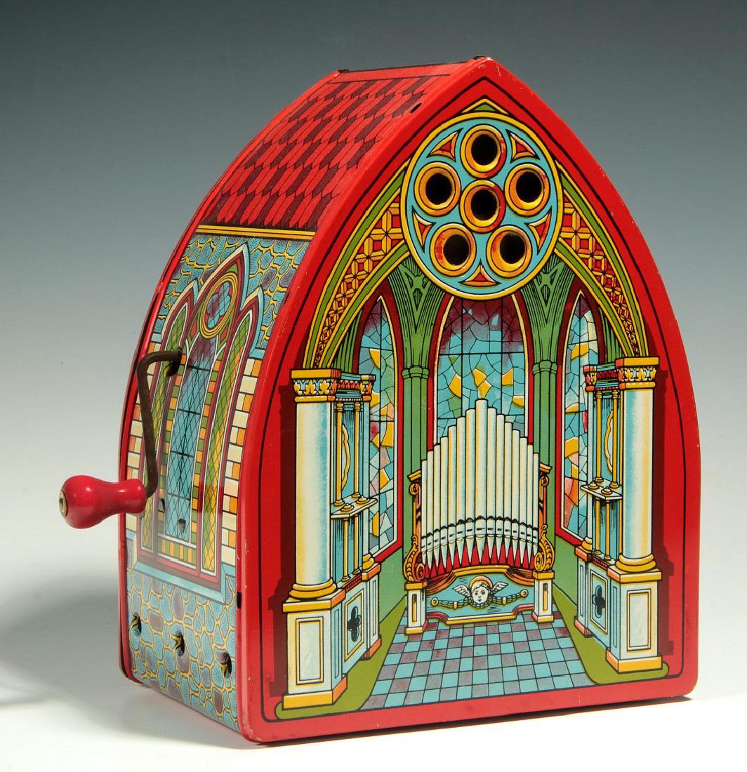 J. CHEIN AND CO HAND CRANK TIN LITHO TOY ORGAN: A circa 1950 hand crank toy music box circa 1950. Measures 9 x 7.5 x 4.5 inches. We happily provide seamless in-house packing and shipping services on nearly everything we sell.