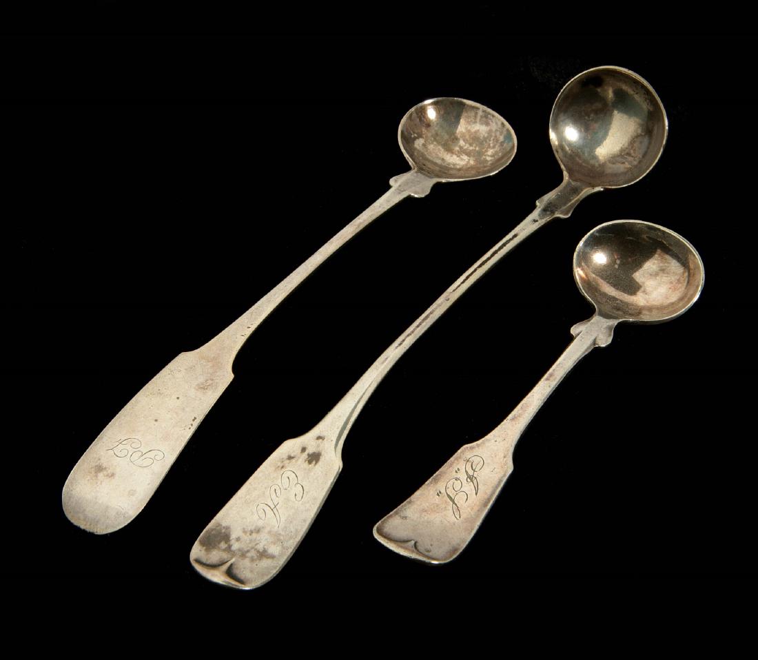 THREE 19TH C. COIN SILVER CREAM LADLES PLUS 3 SPOONS: Markings of Rogers&Br and Lows Ball & Company and American touch marks with eagle. Plus three coins silver spoons marked N. B. Fellows and H. Harding and indiscernible P & W(?) with touch marks. We ha