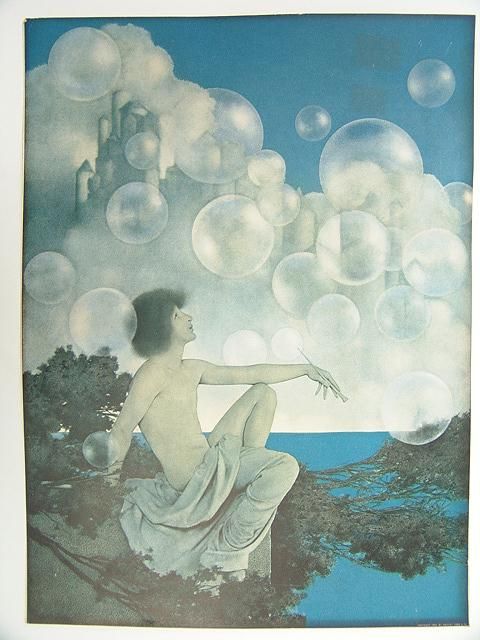 Old Maxfield Parrish Print Air Castles (w/image): Measuring approximately 16 x 12 inches. Marked lower right: Copyright 1905 By Moffat Yard Co. No signature or initials. Good color and condition, two square faint stains upper right. Four small pin he