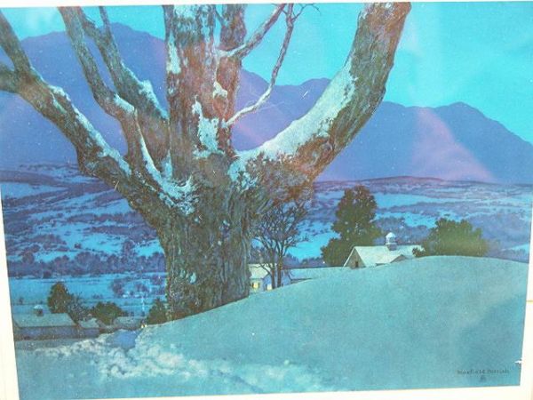 Old Maxfield Parrish Print The Path To Home: Signed lower right. 8.25 x 10.75 inch image in plain gold 11.5 x 14 inch frame with one gouge. The print is good but for a very small gouge lower right. No stains, foxing tears etc.