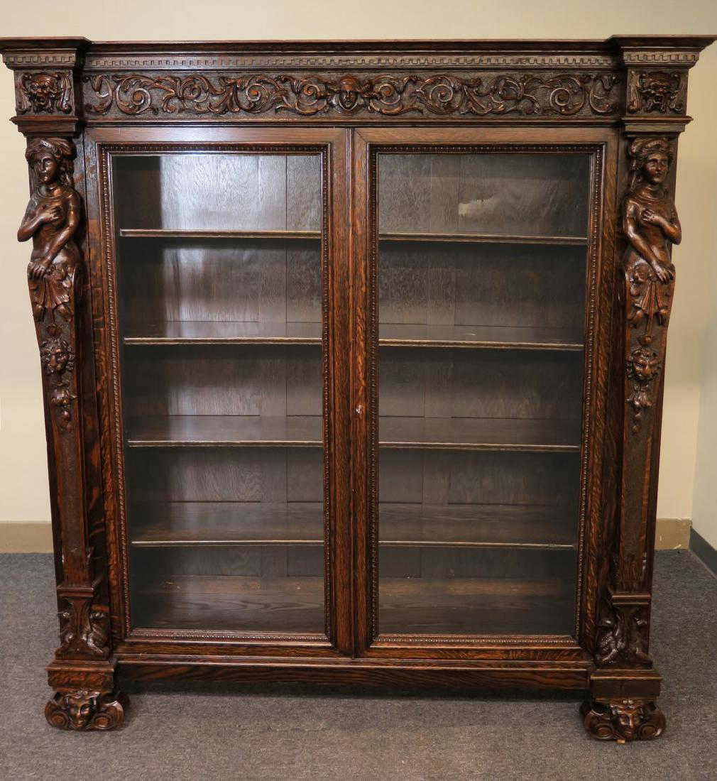 Rj Horner Figural Carved Oak Double Door Bookcase