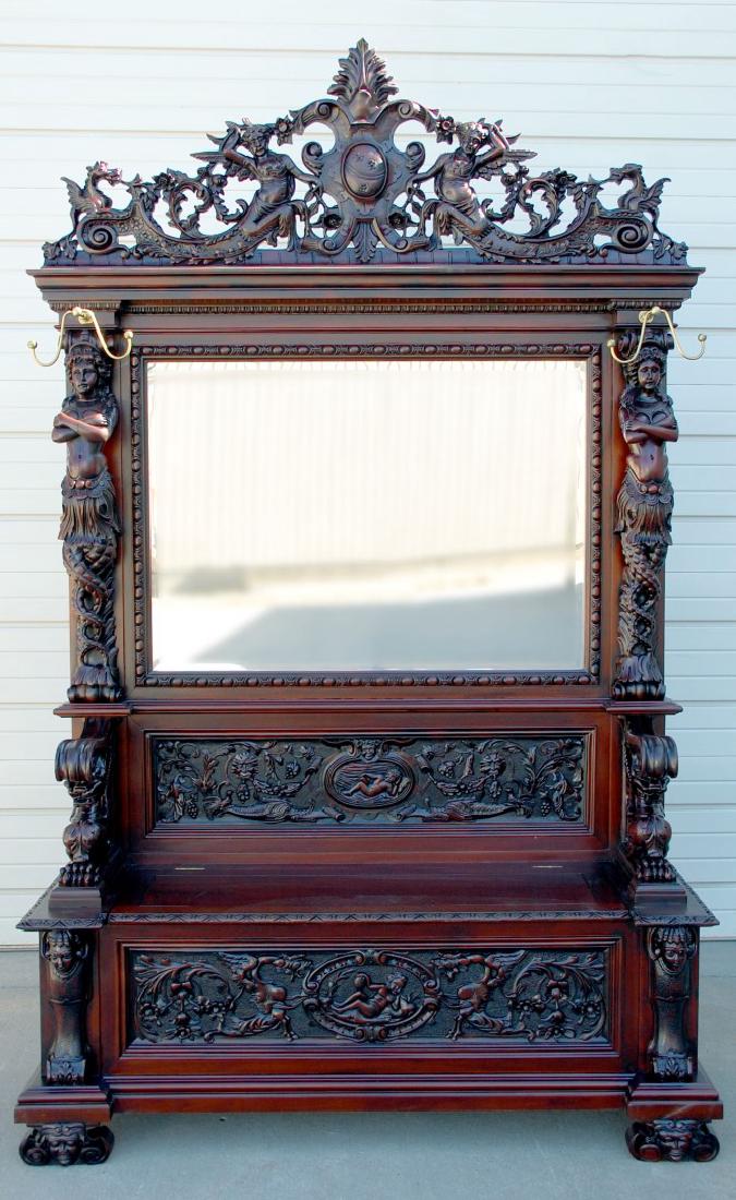 A CUSTOM MONUMENTAL HORNER-STYLE MAHOGANY HALL SEAT (1 of 10)