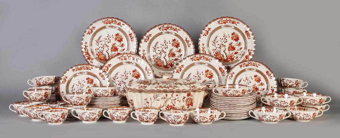 A COPELAND SPODE 'INDIAN TREE' DINNER SERVICE: Copeland Spode India Tree Dinner Service, orange transfer pattern, consisting of Twelve dinner plates measure 10.5 inches, twelve 9 inch plates, 7.25 x 15.75 x 9.25 inch tureen with 11.5 inch ladle, t