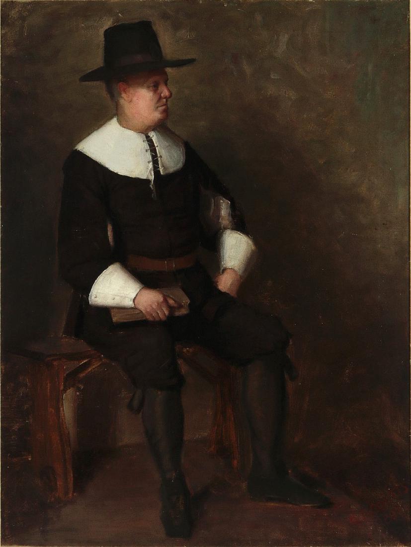 PORTRAIT OF A 'PILGRIM' ATTRIB TO GORDON COUTTS: An oil on canvas signed G.R. Coutts lower right in red pigment, date of 1898, image of a seated male figure dressed in the manner of a 17th century pilgrim and holding a book. Measures 24 x 18 inches,