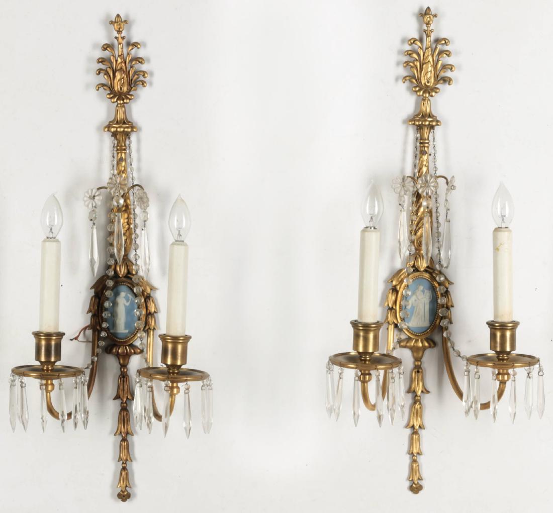 A PAIR QUALITY ORMOLU SCONCES WITH JASPER PLAQUES: A circa 1900 pair of nicely cast doré bronze two-arm sconces with blue and white jasper medallions. Each measures 27 inches.