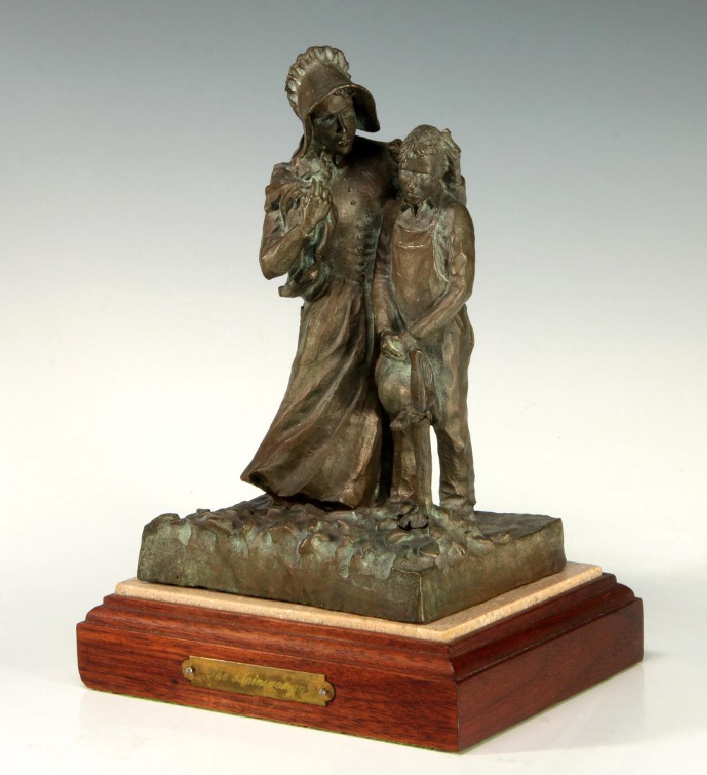 CLAUDE DONEY (20TH C. AMERICAN ) BRONZE GROUPING: A cast bronze sculpture of pioneer woman and young man at a grave site, title 'The Plainswoman', incised signature lettering in the base verso along with the artist's monogram and date of 1976 and edi