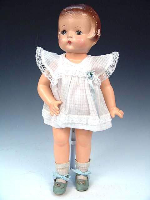 1927 EFFANBEE PATSY ANN COMPOSTION DOLL, 19": Newer dress, paint loss to the head, body repaint original shoes, 18 inches.