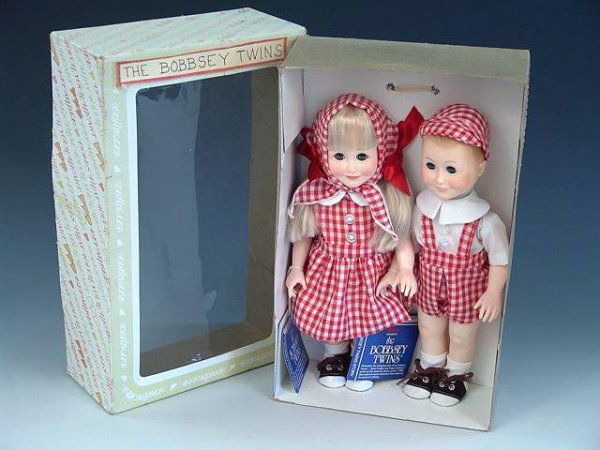 EFFANBEE BOBBSEY TWINS DOLLS IN ORIGINAL BOXES: Measures 11.5 inches each. Good complete condition, good box noting a taped on label front top.