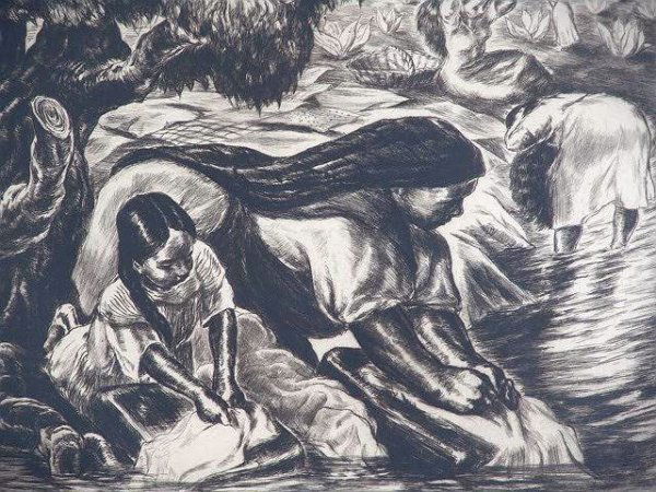 PENCIL SIGNED ETCHING BY IRWIN D. HOFFMAN (1901-1: Titled MEXICAN WASH DAY or HEN AND CHICK, a 1936 etching published by the AAA in 1937. Signed lower right in pencil. Archivally matted and framed with an overall size of 20 x 22 and a sight size of 10