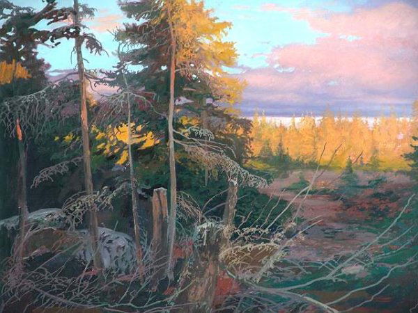 LANDSCAPE BY OHIO ARTIST MICHAEL SCOTT: Nice vibrant colorful work of shadows and light titled below the image in pencil, PASSING STORM OVER DYING BLACK SPRUCE and signed lower right. Nicely framed in archival materials. Overall framed size