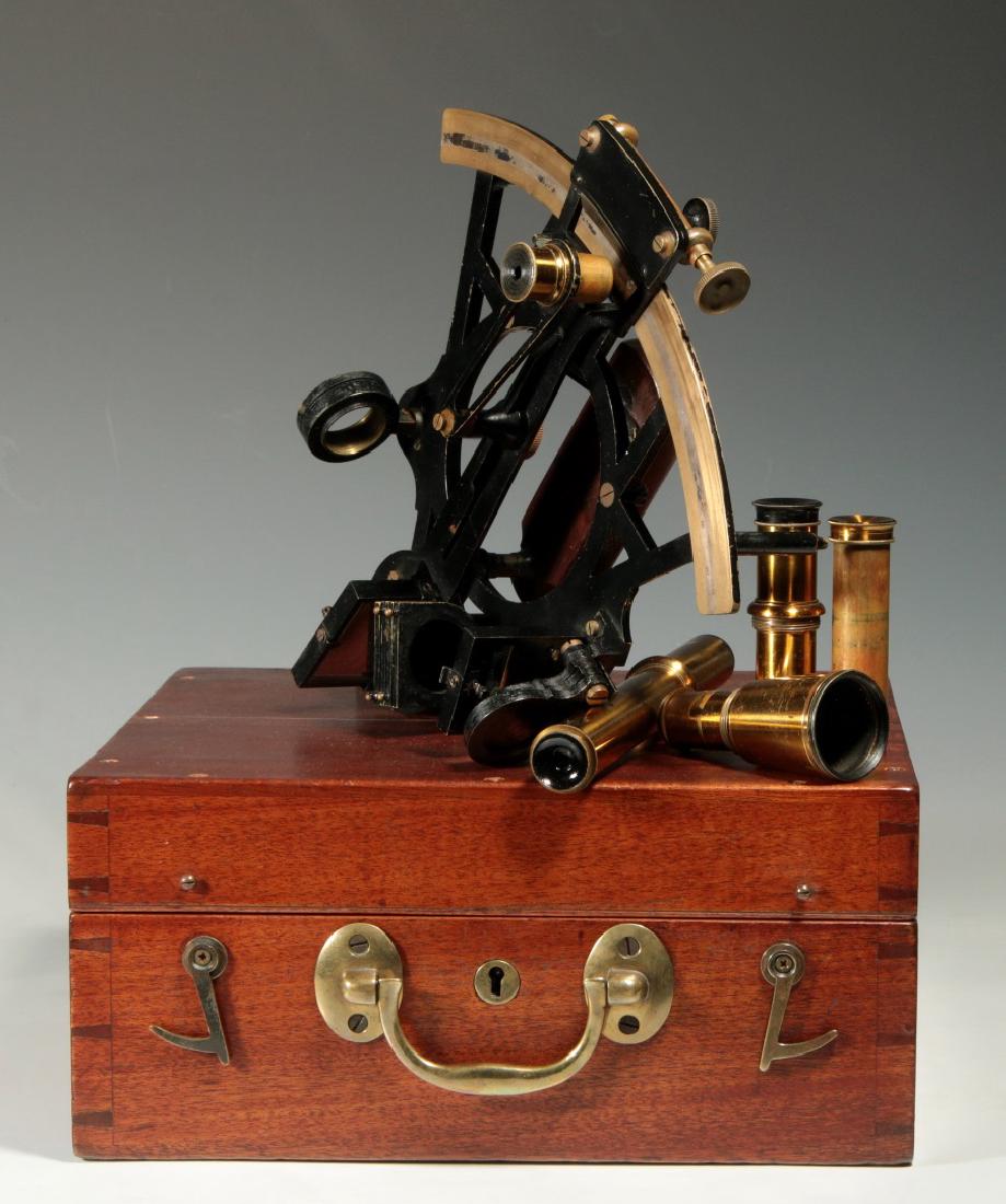 AN ANTIQUE BRASS SEXTANT IN MAHOGANY CASE (1 of 10)