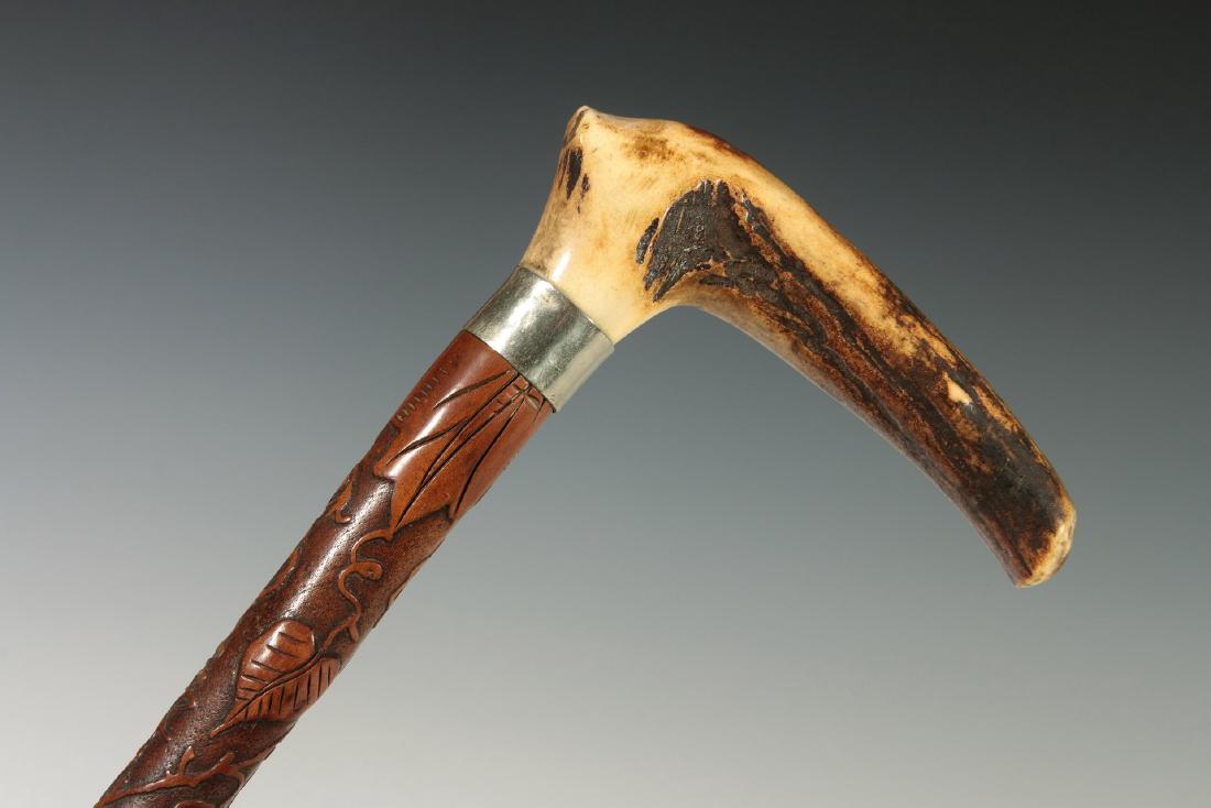 A LATE 19THC. STAG HANDLE CANE WITH FOLK CARVING (1 of 9)