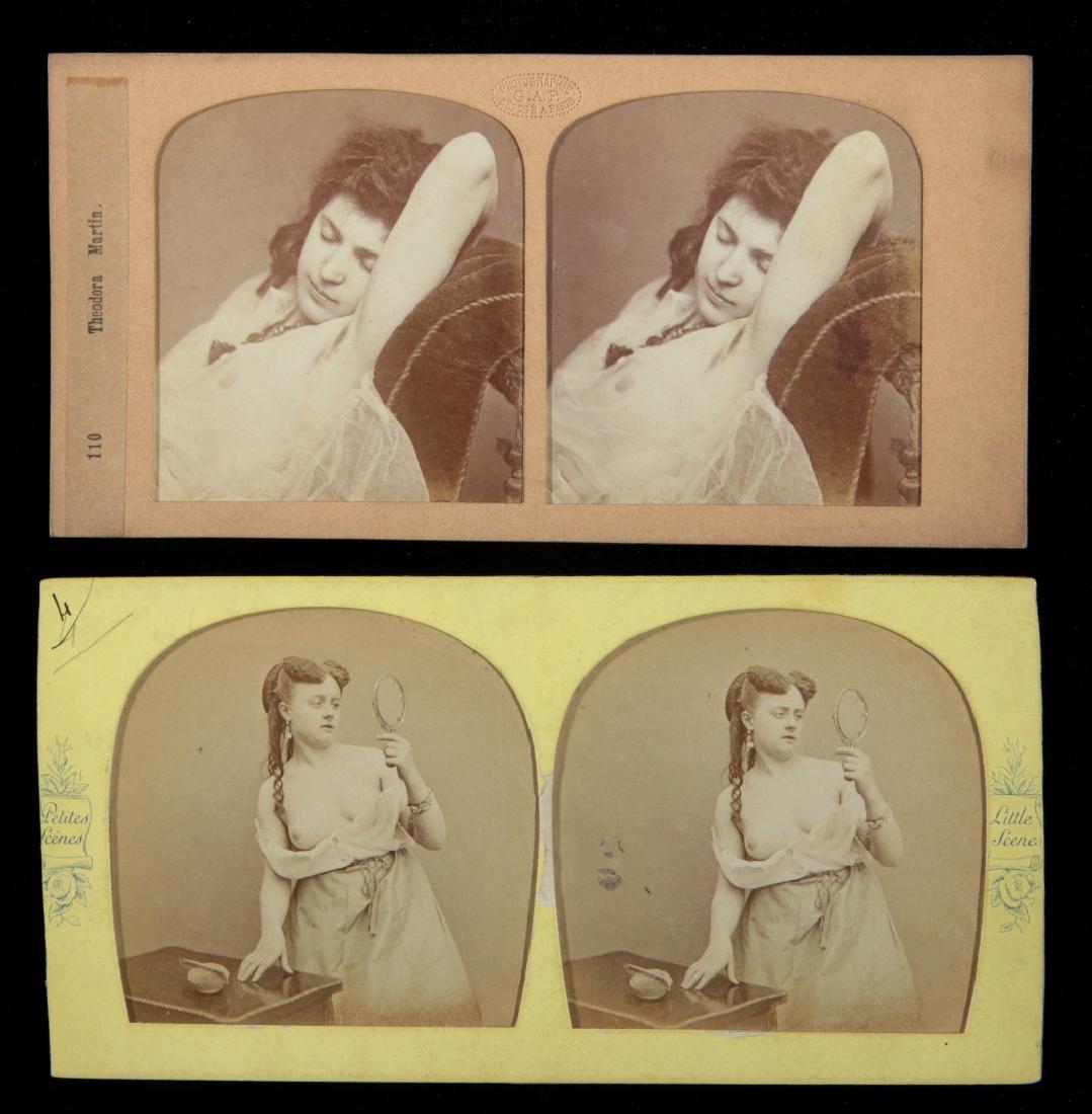 PAIR OF FRENCH TISSUE STEREOVIEWS OF YOUNG WOMEN: Hand colored on the reverse and covered with tissue, best viewed with a back light. Two beautiful French women stereoviews. The largest measure 6.75 x 3.5 inches. In-house packing and mailing of stere