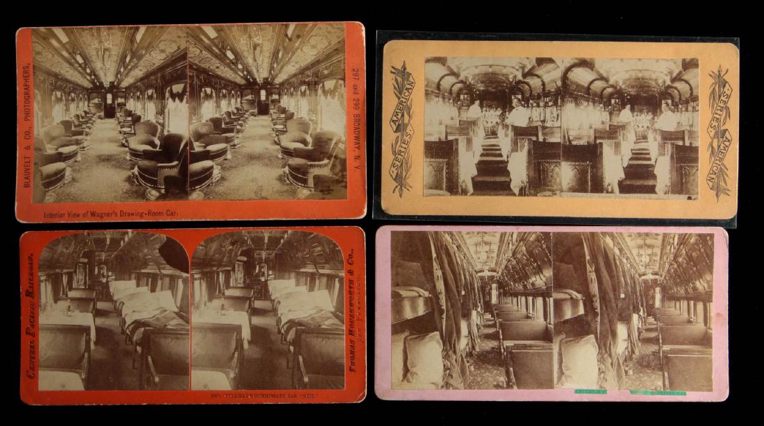 SIX STEREOVIEWS OF RAILROAD CAR INTERIORS: A Thomas Houseworth view oaf a Central Pacific Pullman's commissary Car, A Blauvelt View of Wagner's Drawing -Room Car. A Griffith & Griffith view of a Pullman Observation Car 'Olean', A Griffith & Gr