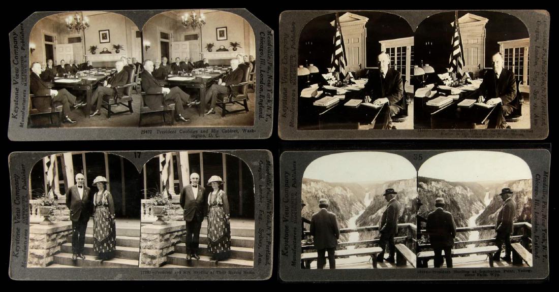 TWELVE STEREOVIEWS OF US PRESIDENTS: Included are Harding, Garfield, Taft, McKinley, Franklin D. Roosevelt, Theodore Roosevelt, and Coolidge. Publishers include Keystone, Underwood, Griffith, and Kilburn. Measure 7 x 3.5 inches. In-house