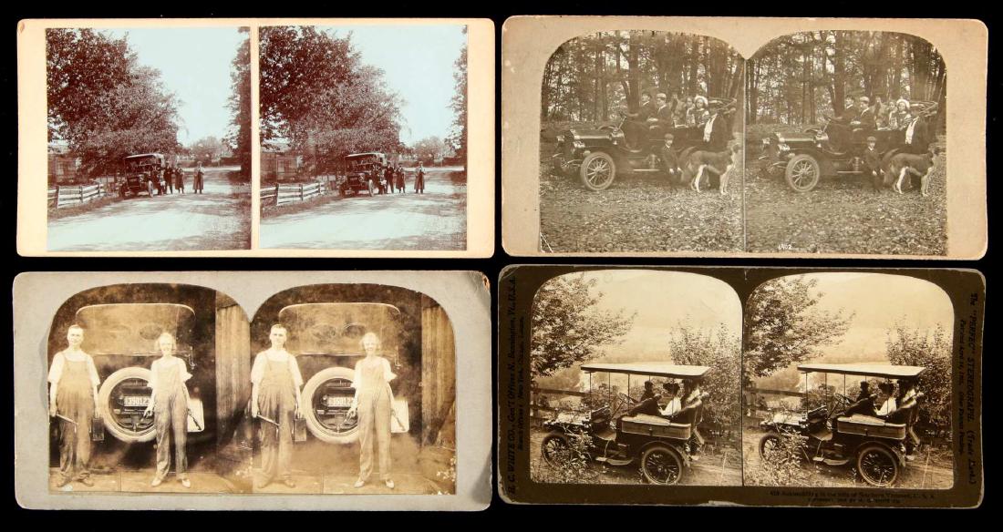 THIRTEEN STEREOVIEWS OF ANTIQUE AUTOMOBILES: Only two have photographer identification, one being H.C. White, the other Fred L. Yeager (stamped on the reverse). Cars not identified, many show the car used in a camping scene. Measure 7 x 3.5 inch