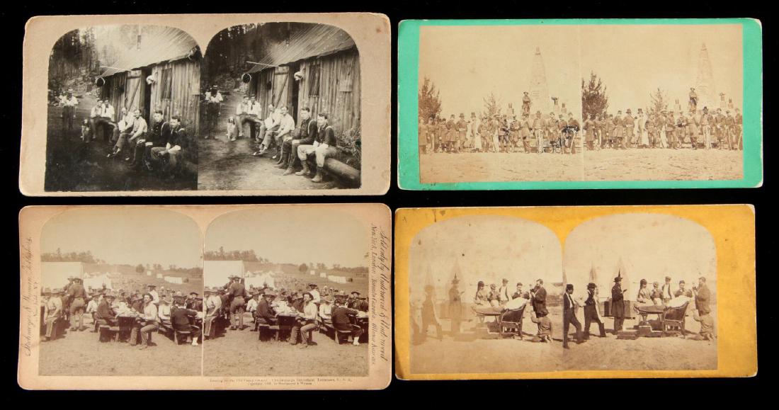 EIGHT CIVIL WAR RELATED STEREOVIEWS: Included are Institute Hall in Charleston; Ordinance Park in Charleston; Raising the Flag at Fort Sumter; Hide and Fat depot; Out of doors barber; Tenting at Chickamauga; Men in front of building; Bul