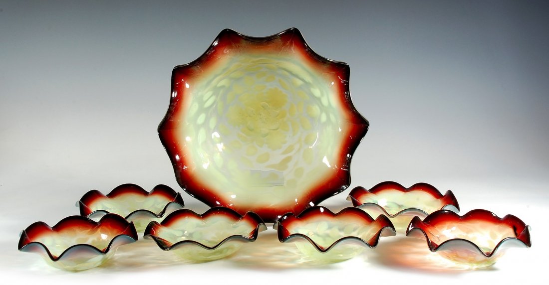 A RARE VASELINE OPALESCENT AND OXBLOOD BERRY SET (1 of 10)