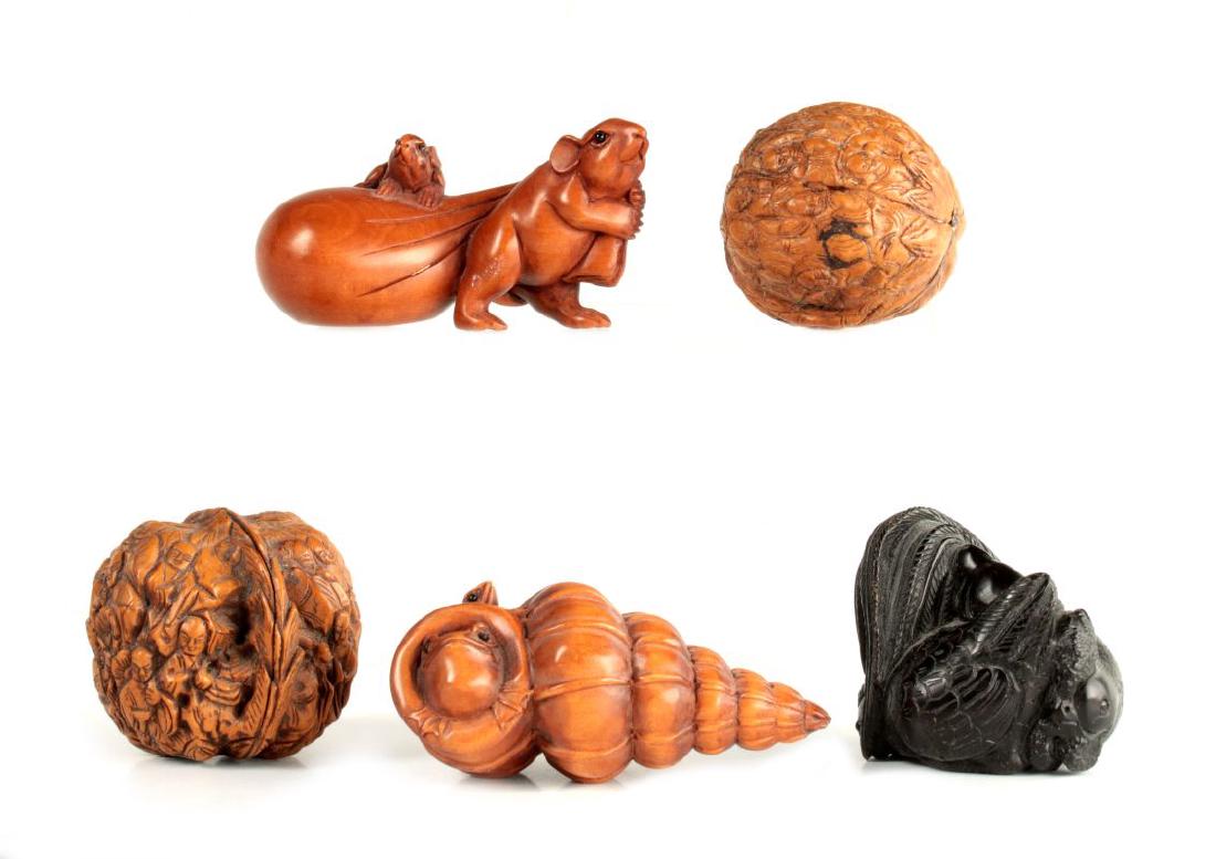 A COLLECTION OF FIVE CARVED WOOD NETSUKE (1 of 10)