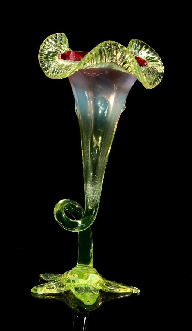 A CRANBERRY OPAL VERDE GLASS VICTORIAN TRUMPET VASE (1 of 9)