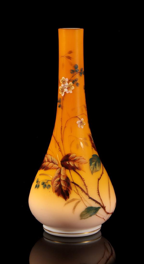 A SHADED CITRON SATIN GLASS VASE WITH ENAMEL: The frosted satin finish decorated with flowers and woody stems. We happily provide seamless in-house packing and shipping services on nearly everything we sell.