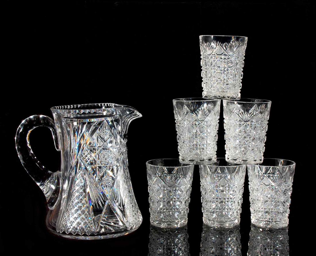 AN ABP CUT GLASS WATER SET PITCHER AND SIX TUMBLERS (1 of 9)