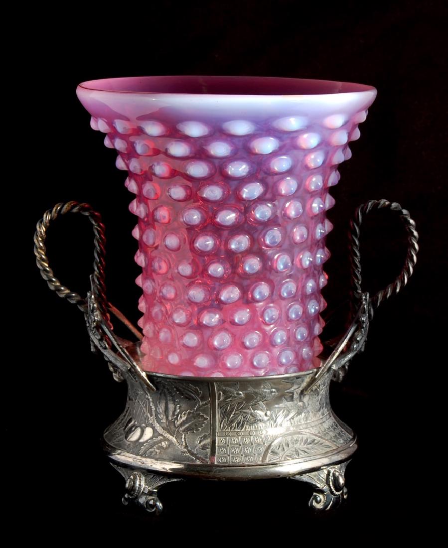 AN UNUSUAL CRANBERRY OPALESCENT HOBNAIL VASE IN STAND (1 of 11)
