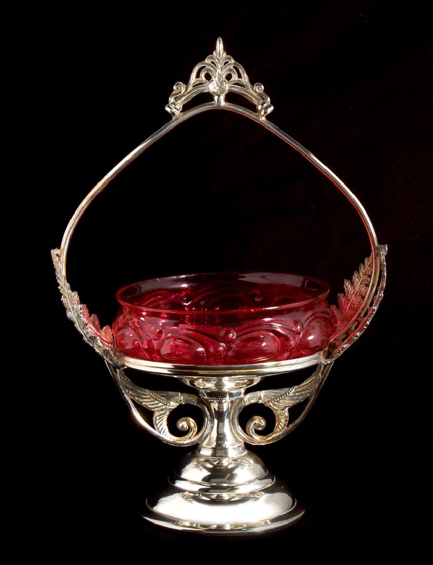 A PIGEON BLOOD GLASS OPEN SWEETMEAT IN SILVER PLATE (1 of 10)