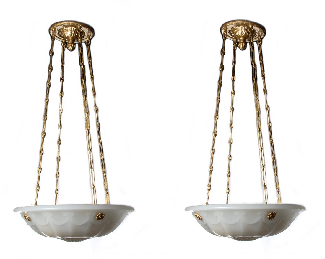 A PAIR EARLY 20TH C. GLASS PLAFONNIER CHANDELIERS (1 of 8)